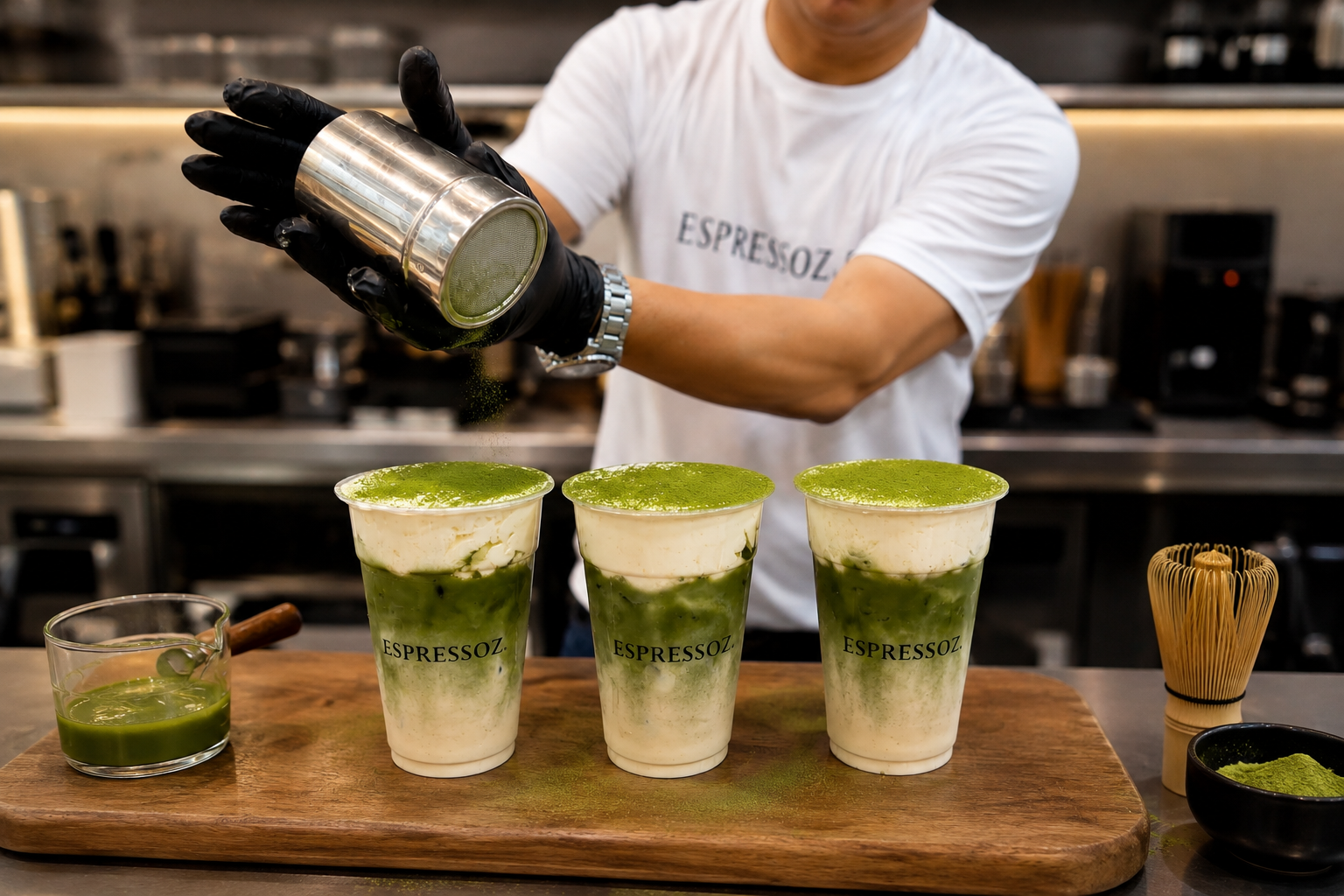 Espressoz barista dusting matcha over three iced matcha lattes