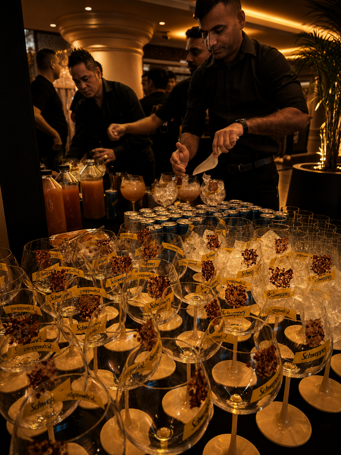 Schweppes glassware pre-set at a corporate event