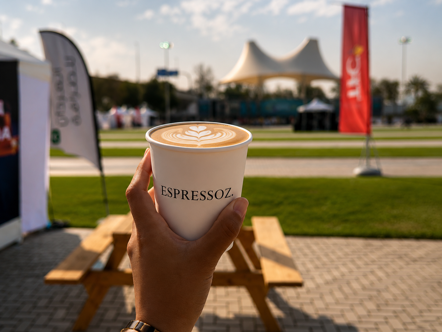 Espressoz latte art cup held at an outdoor Dubai event