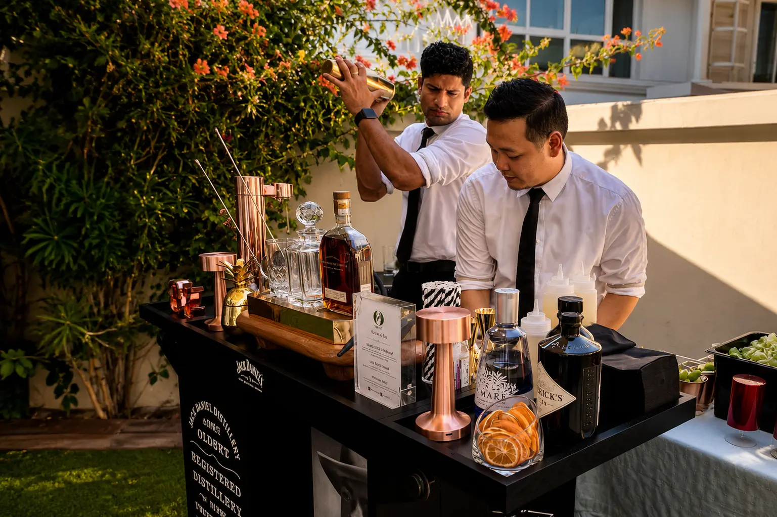 Two Ounce bartenders working a black branded mobile bar