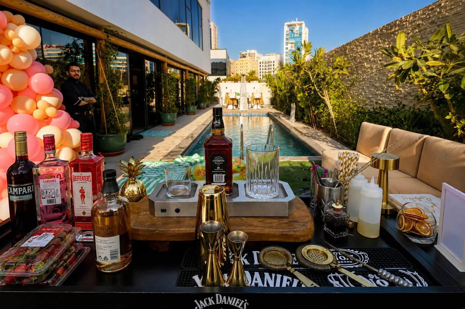 Poolside private event bar with premium spirits