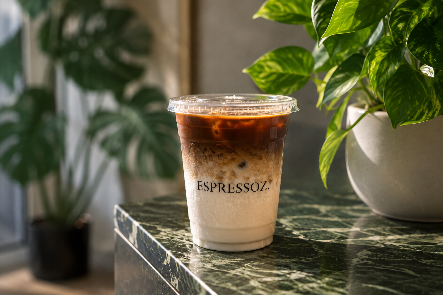 Espressoz iced latte in a branded cup on a green marble counter
