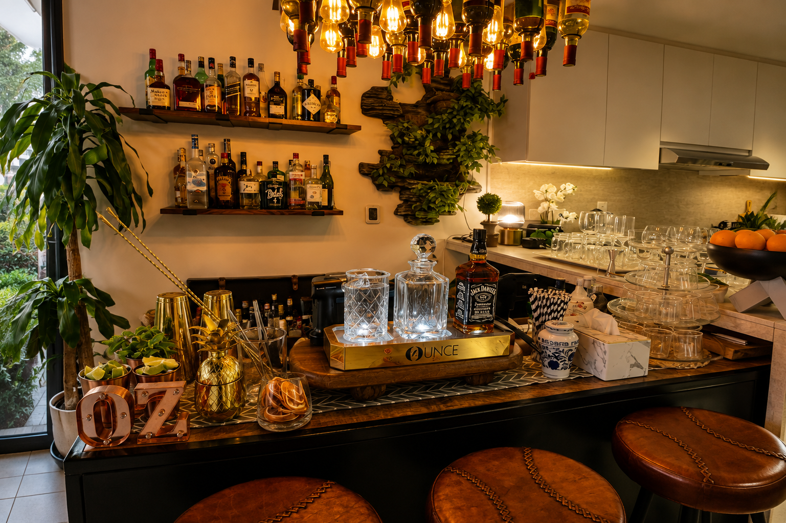 Ounce home bar setup with copper barware and glassware