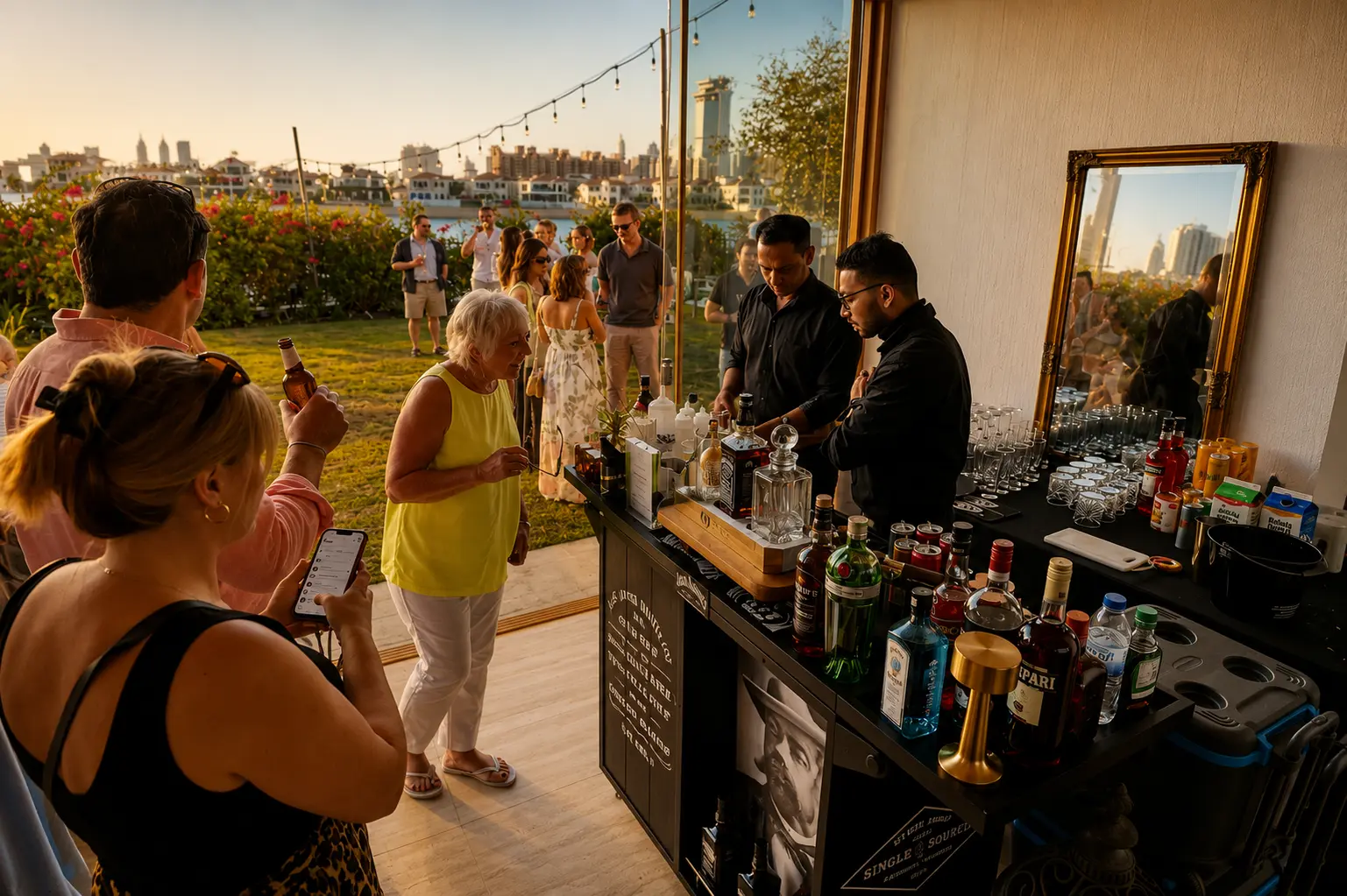 Guests gathered at a waterfront private event bar