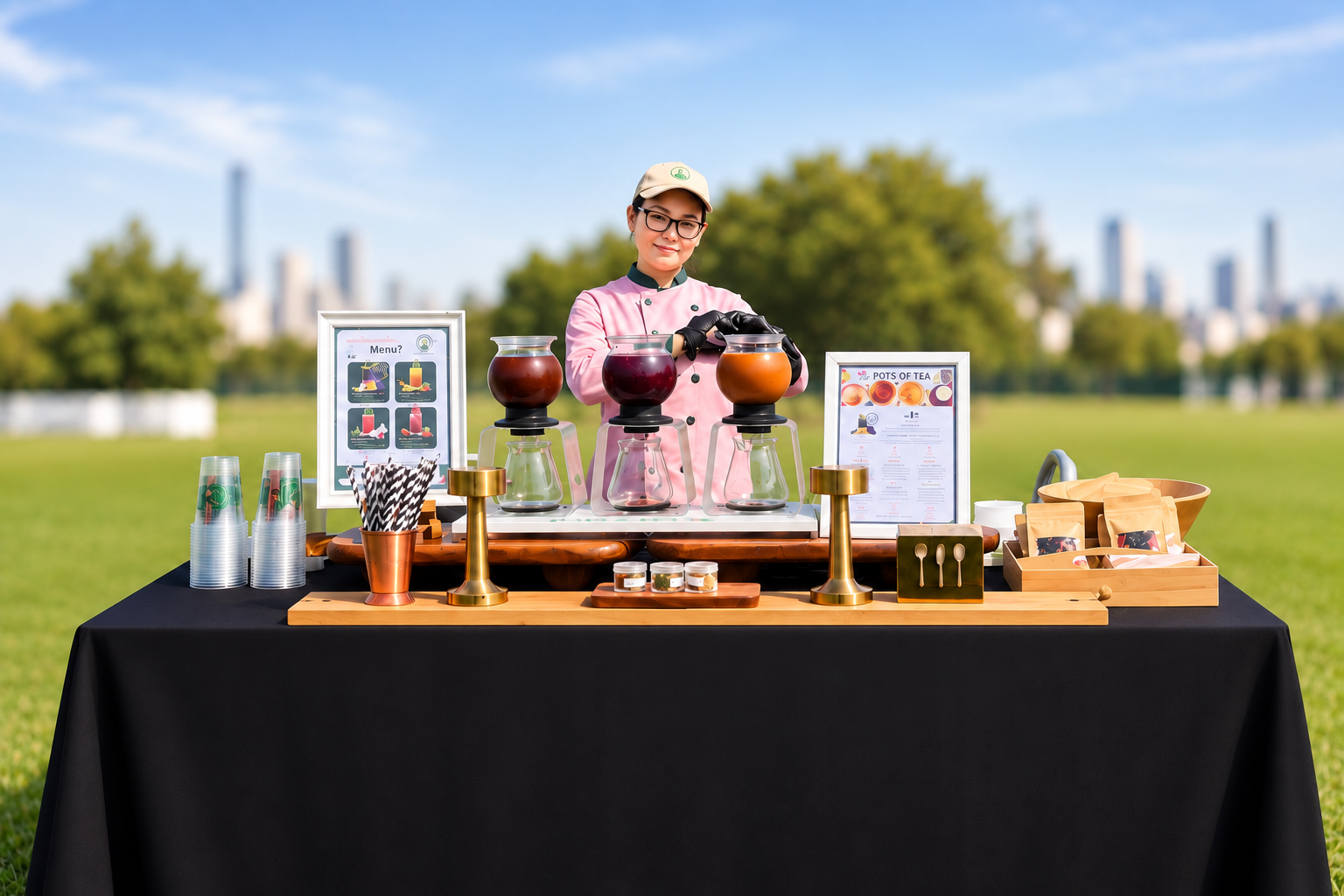 Pots of Tea pop-up table setup with siphon brewers at a garden event