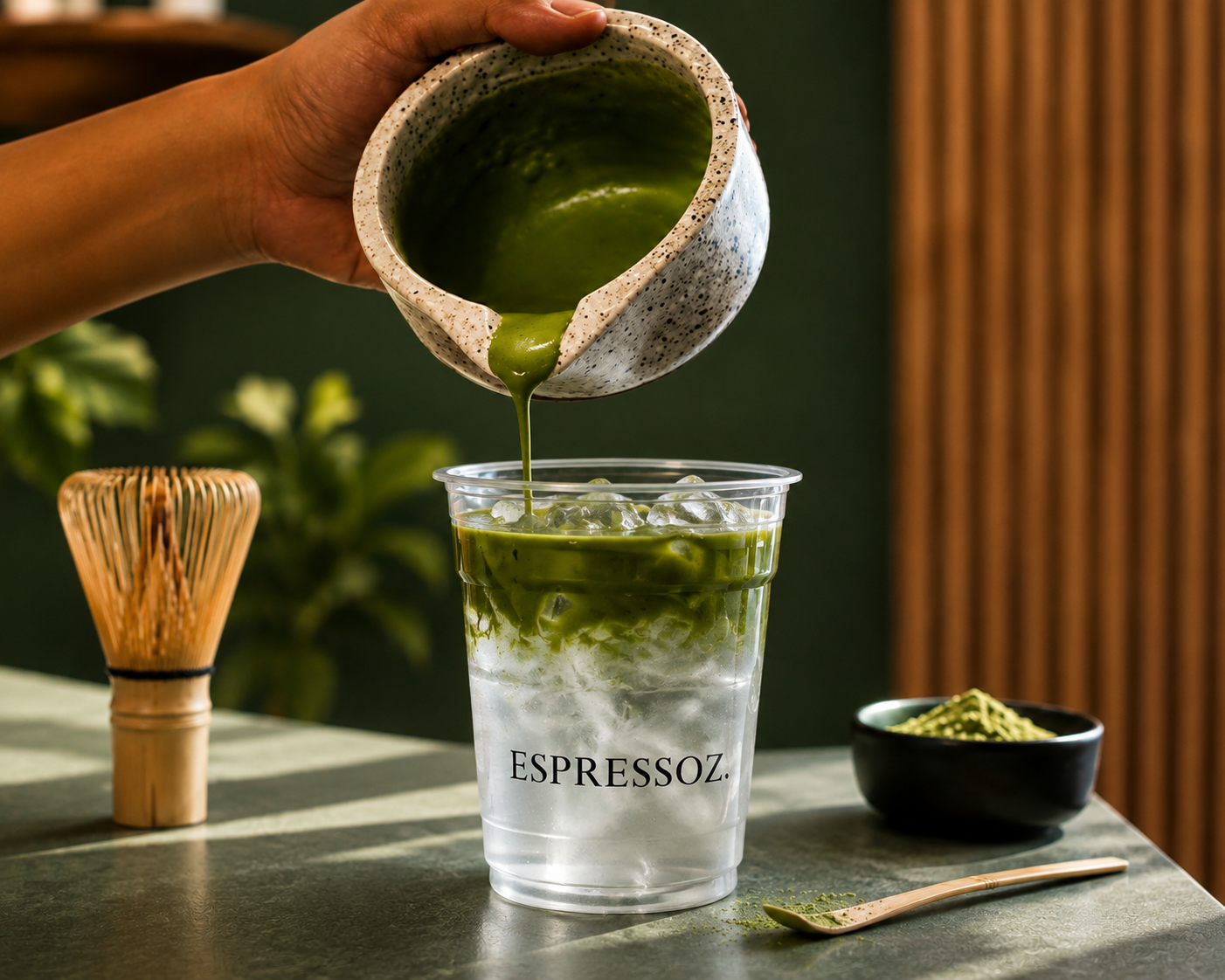 Ceremonial matcha poured into an Espressoz branded iced cup